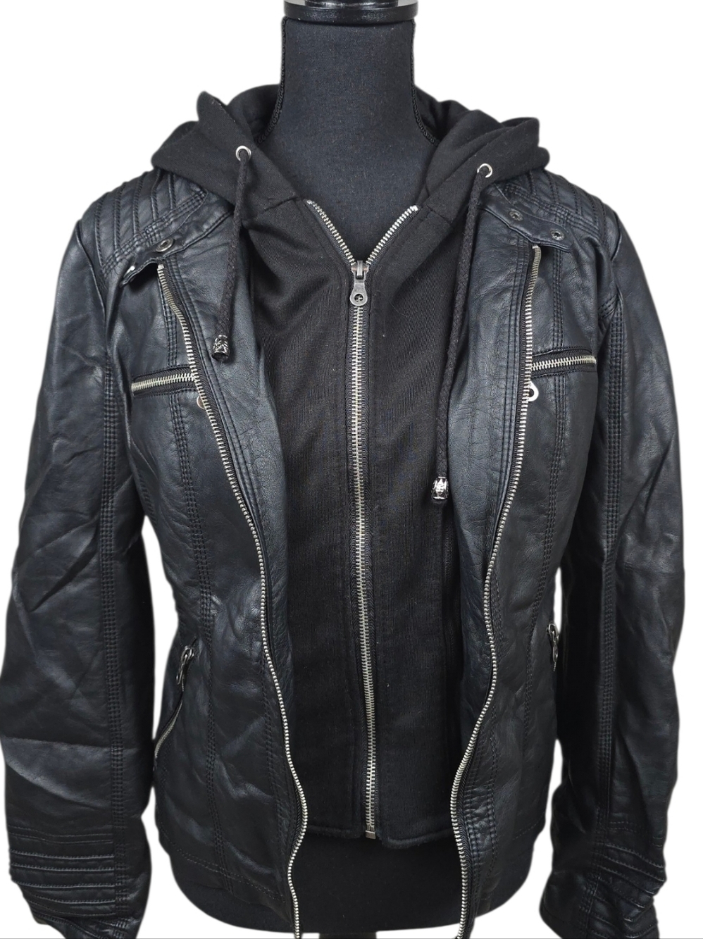 Black Faux Leather Hooded Moto Jacket - Women's